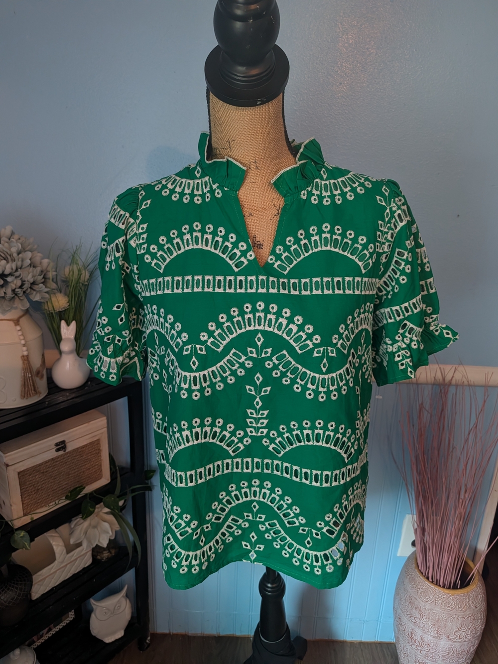 Umgee Green Patterned Ruffle Split-Neck Blouse